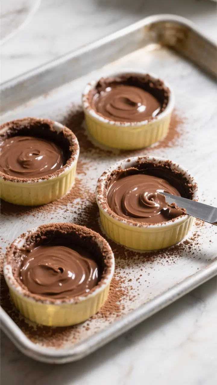 Cooking process: Overhead shot of four cocoa-dusted, buttered ramekins filled with silky chocolate b