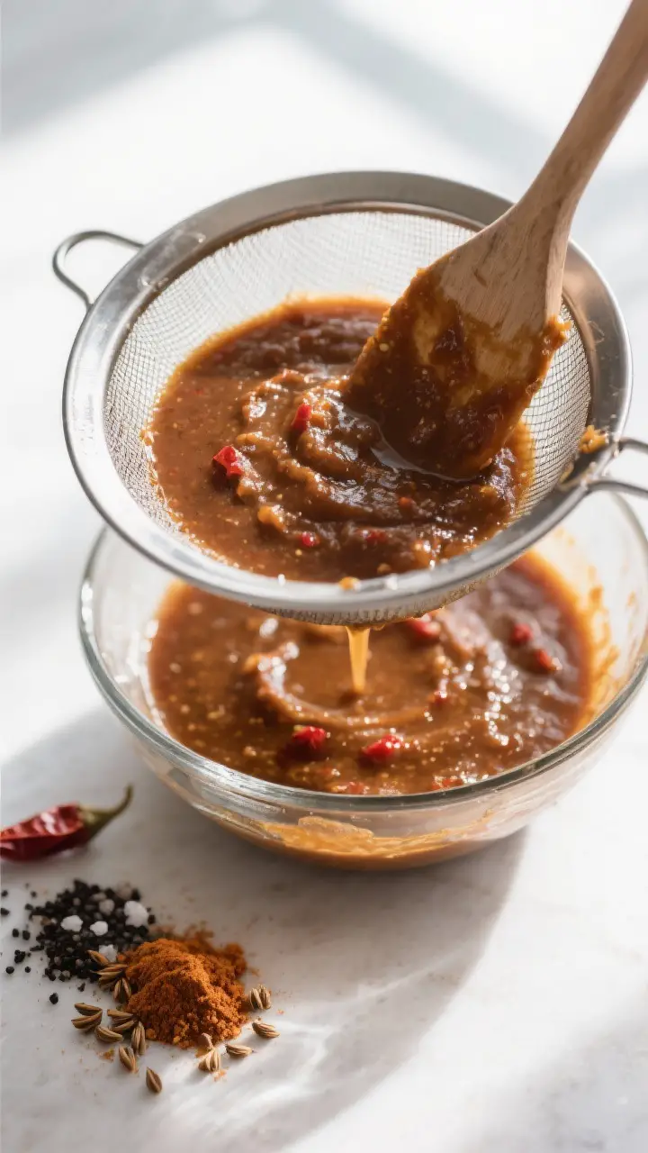 Cooking process: Overhead shot of freshly blended chutney being strained through a fine sieve into a