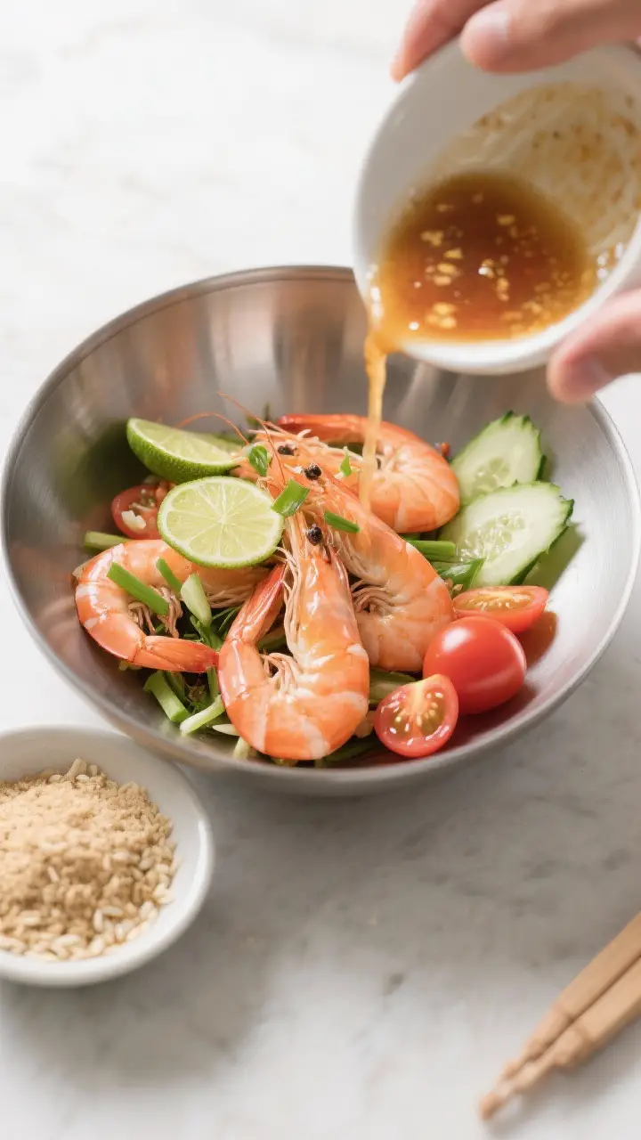 Cooking process: Overhead shot of freshly cooked shrimp being dressed while still warm in a wide sta