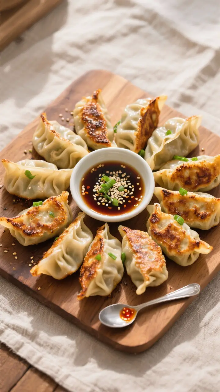 Cooking process: Overhead shot of freshly pan-fried gyoza arranged in a tight crescent around a cent