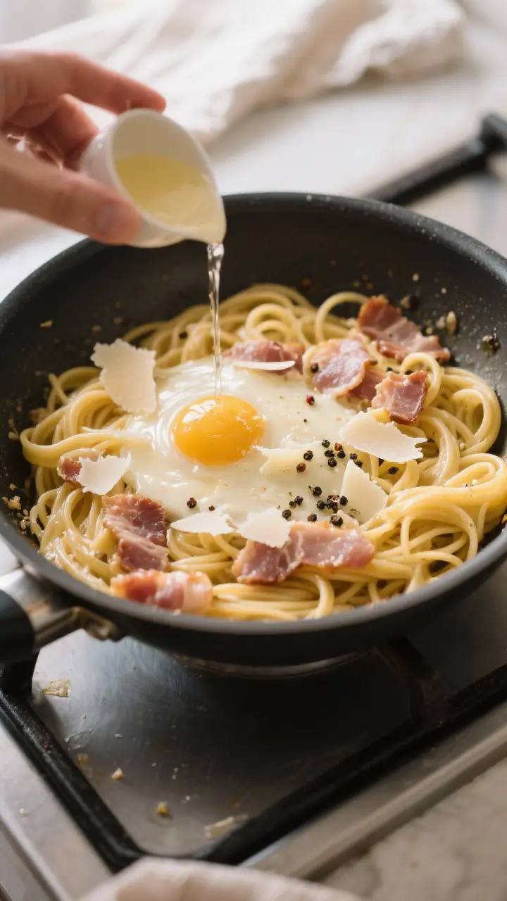 Cooking process: Overhead shot of just-combined pasta and guanciale in the skillet as warm pasta wat