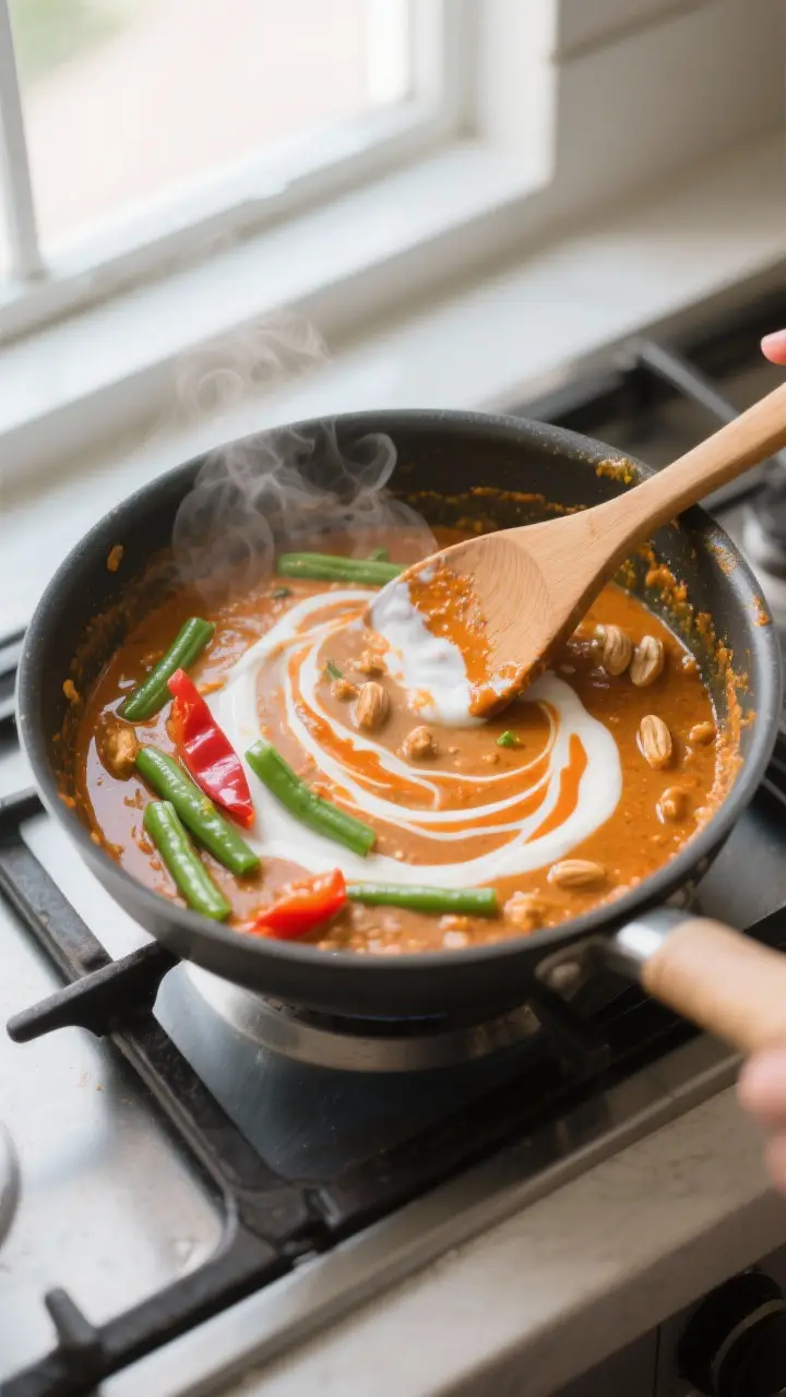Cooking process: Overhead shot of Panang curry coming together in a saucepan—coconut cream swirlin