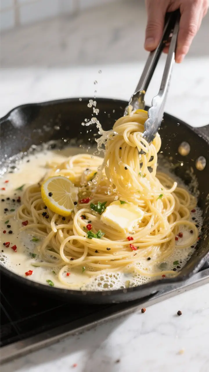 Cooking process: Overhead shot of pasta being tossed in a skillet as a splash of reserved starchy pa