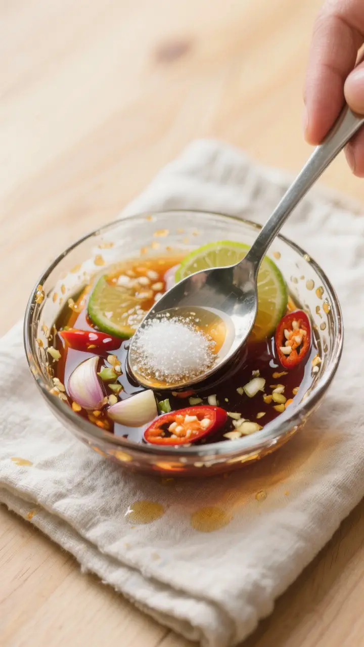 Cooking process: Overhead shot of Prik Nam Pla being mixed in a small glass bowl—sugar just dissol