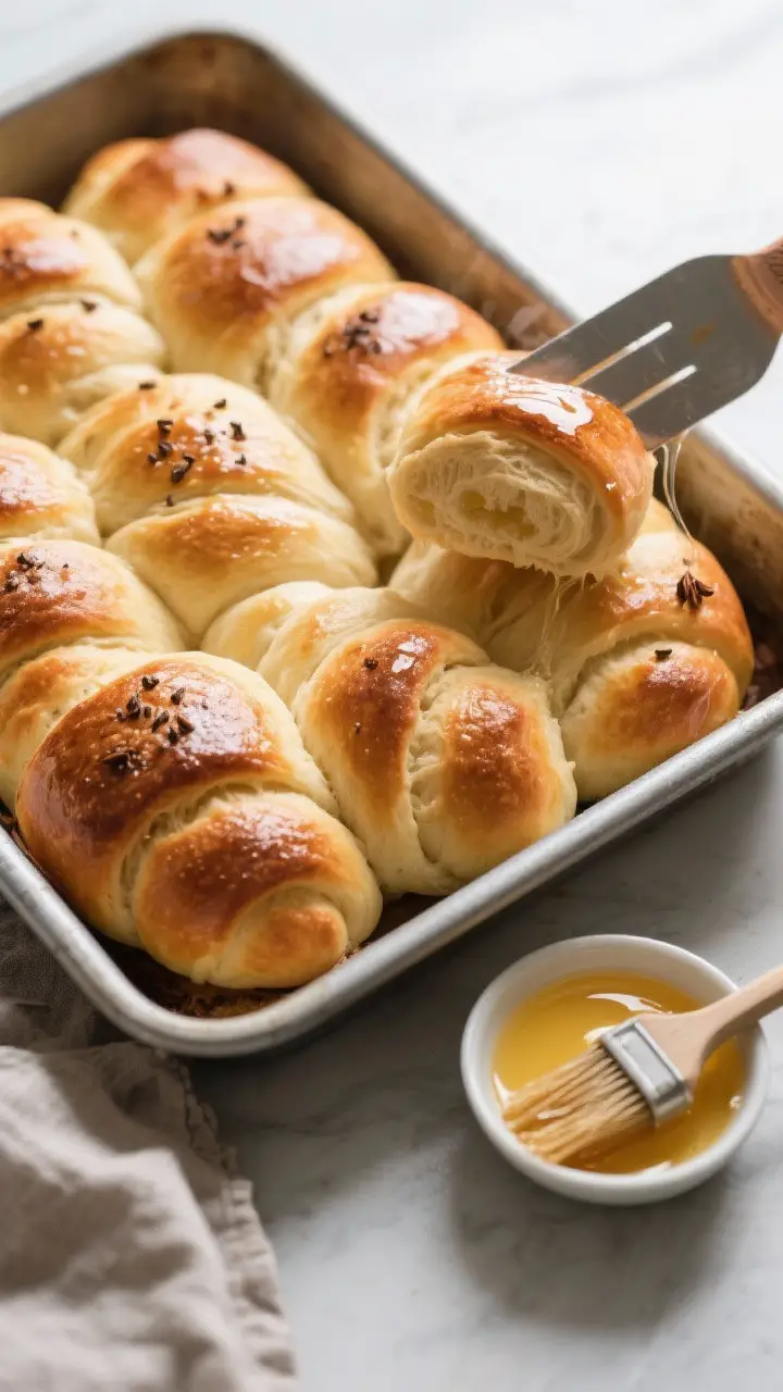 Cooking process: Overhead shot of proofed Mosbolletjies just out of the oven in a greased 9x13-inch 