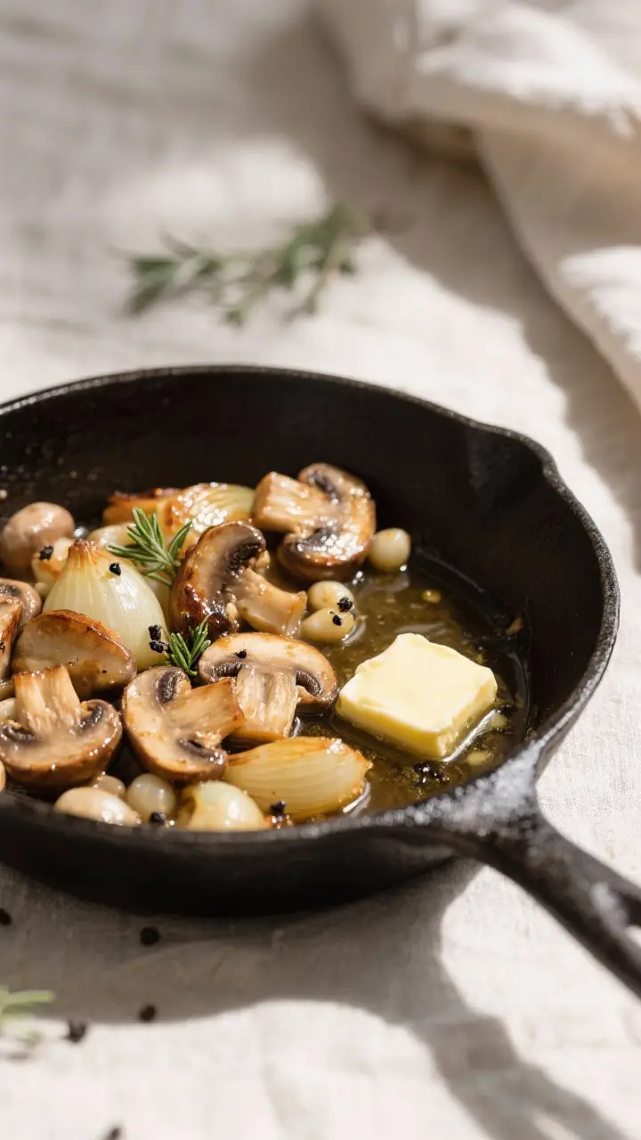 Cooking process: Overhead shot of sautéed cremini mushrooms and pearl onions just finished in butte