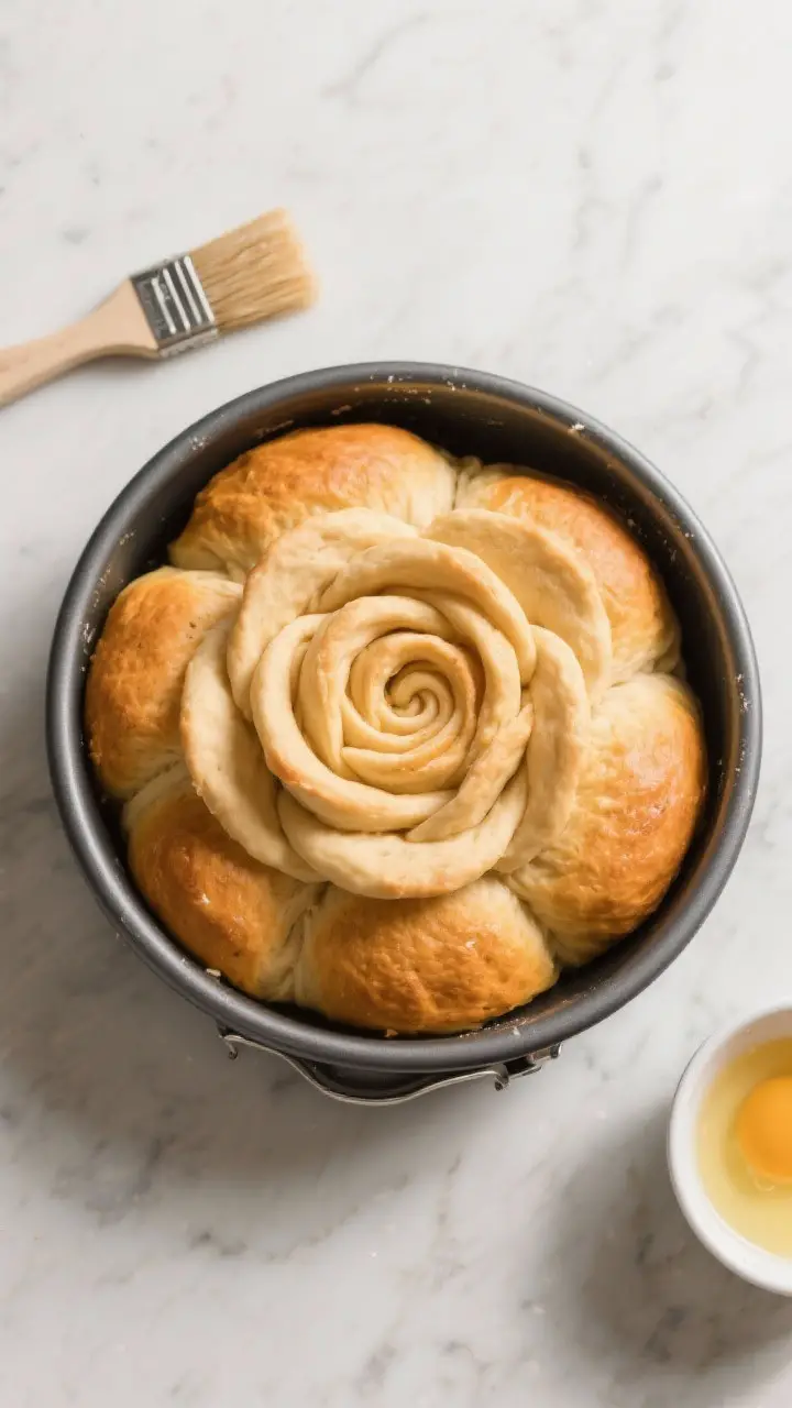 Cooking process: Overhead shot of shaped Pumpkin Rose Bread after the second rise in a 9-inch spring