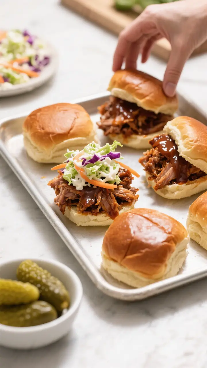 Cooking process: Overhead shot of slider assembly on a sheet tray—lightly toasted slider buns/Hawa