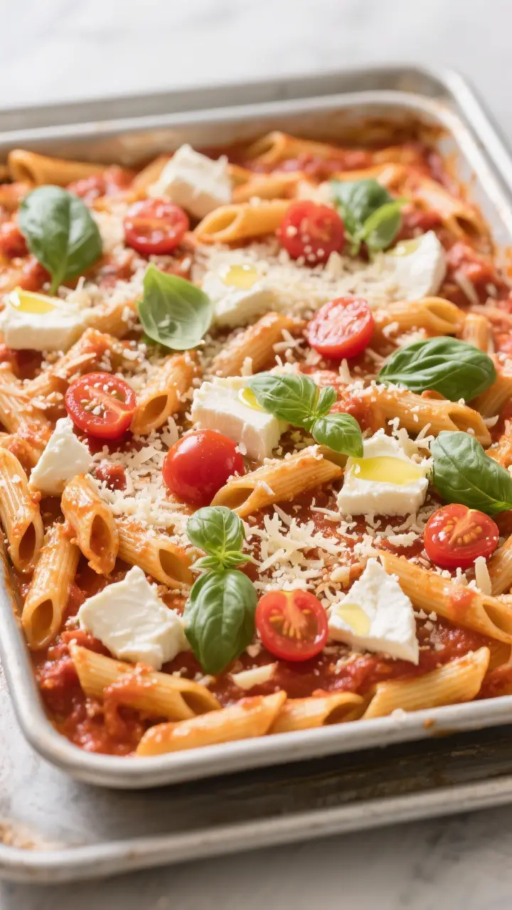 Cooking process: Overhead shot of the assembled pasta right before baking—par-cooked penne tossed 
