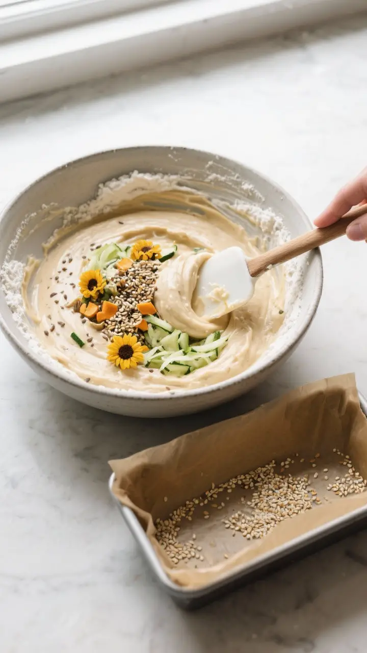 Cooking process: Overhead shot of the batter being folded in a large bowl right before baking—wet 