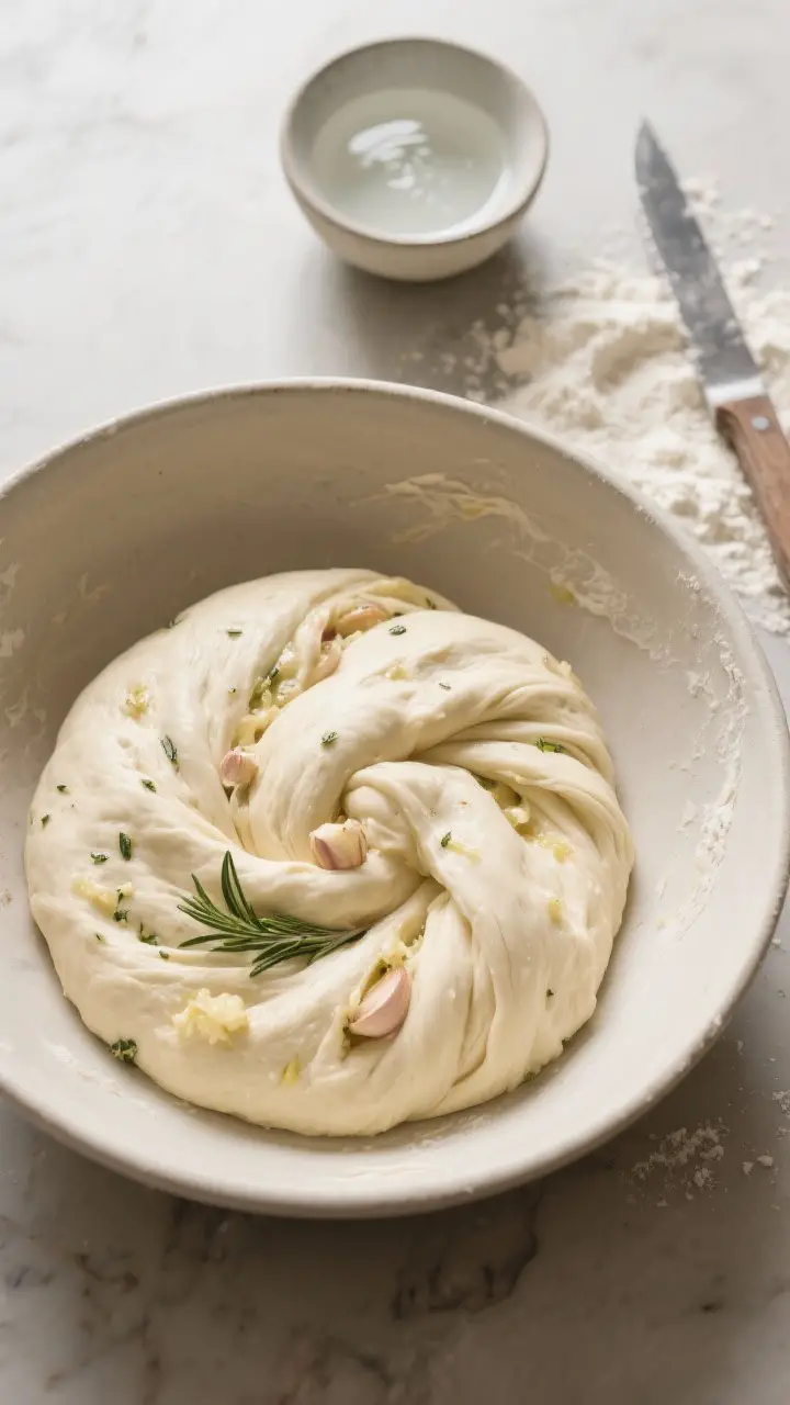 Cooking process: Overhead shot of the dough during stretch-and-fold in a large neutral-toned bowl; d