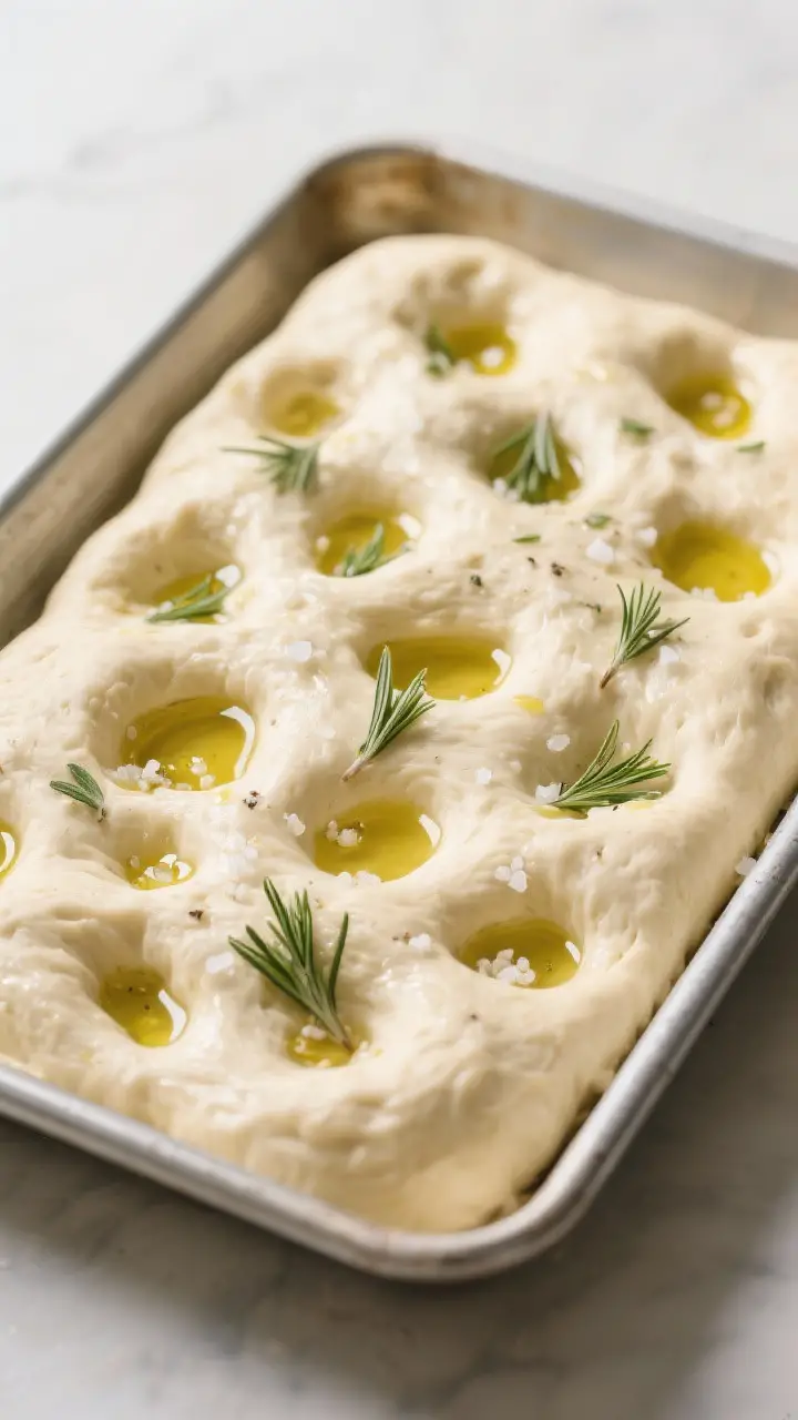 Cooking process: Overhead shot of the final proof and dimpling stage in an oiled 9x13-inch pan—ful