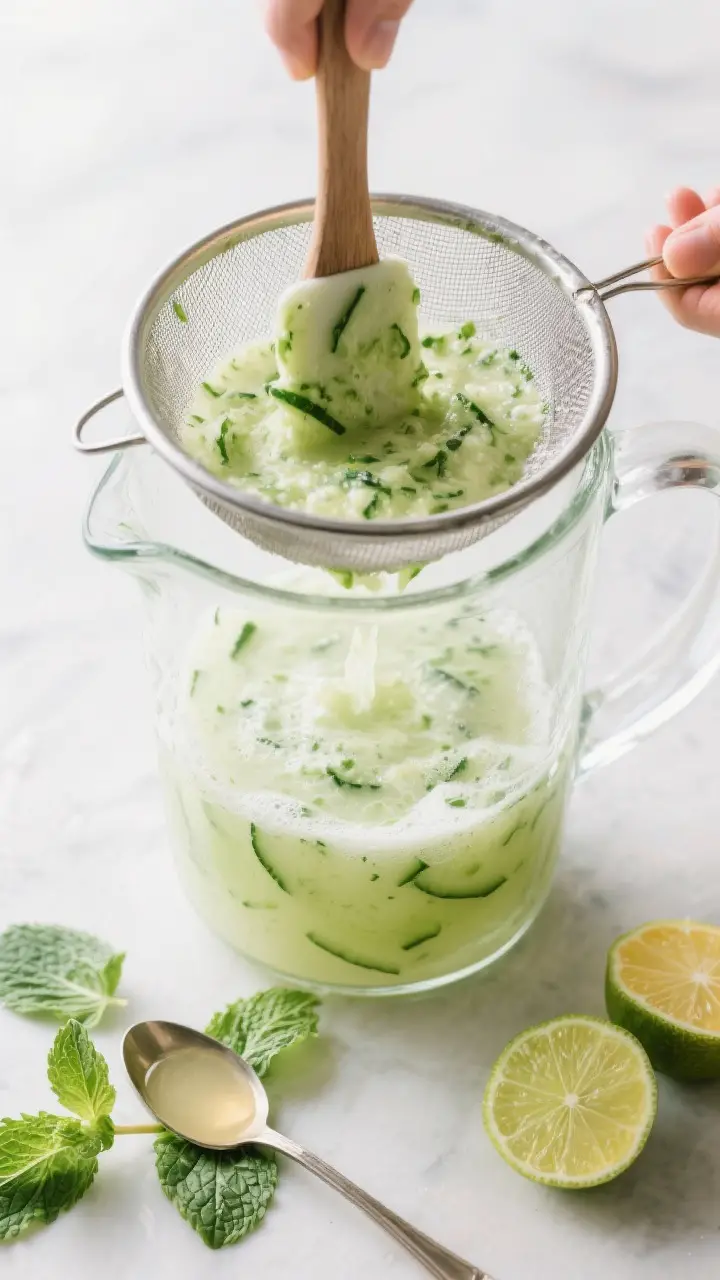 Cooking process: Overhead shot of the freshly blended cucumber-mint-citrus mixture being strained th