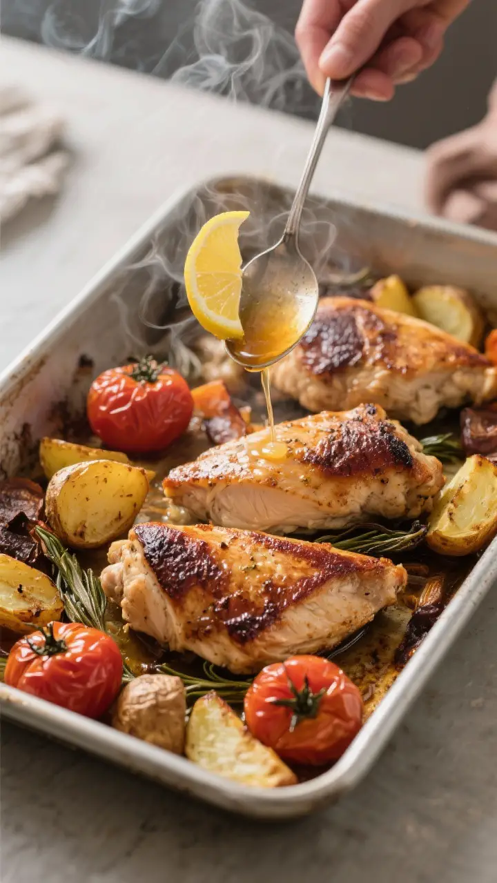Cooking process: Overhead shot of the one-pan roast just pulled from the oven at peak doneness, chic