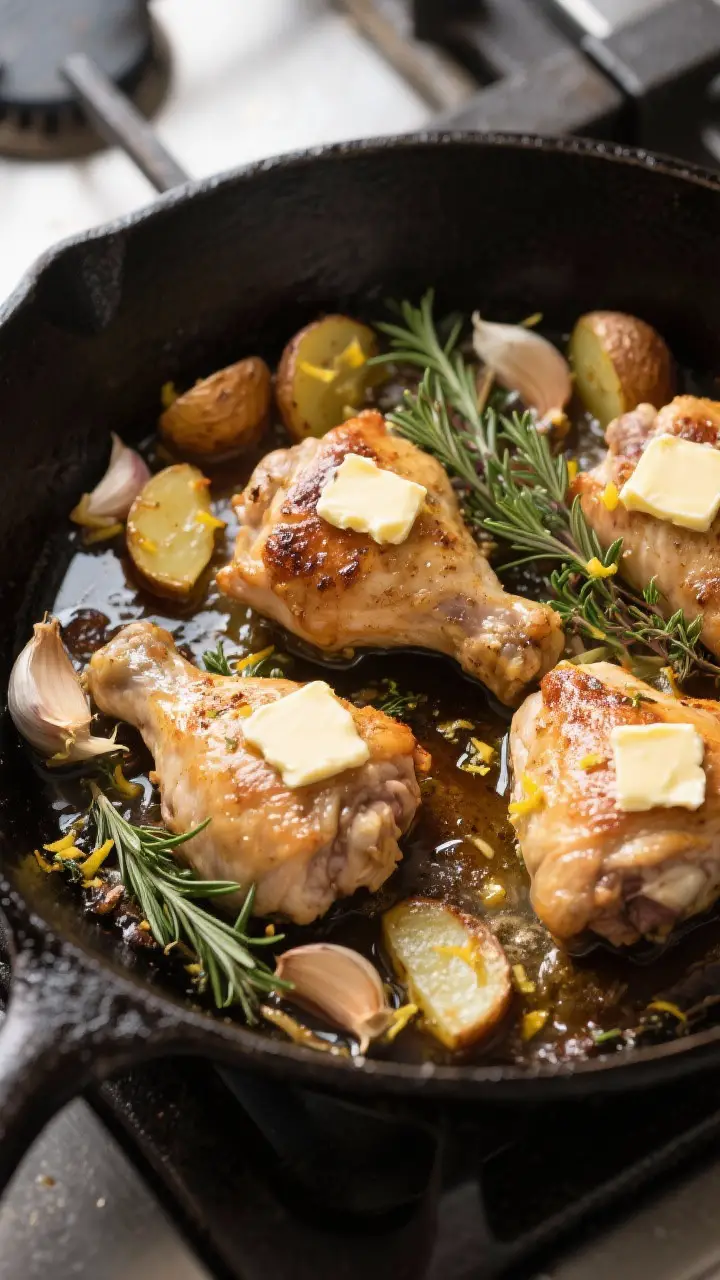 Cooking process: Overhead shot of the one-pan scene right after deglazing—potatoes and smashed gar