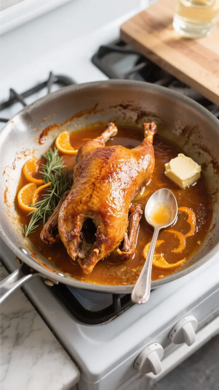 Cooking process: Overhead shot of the resting roasted duck on a cutting board beside the roasting pa