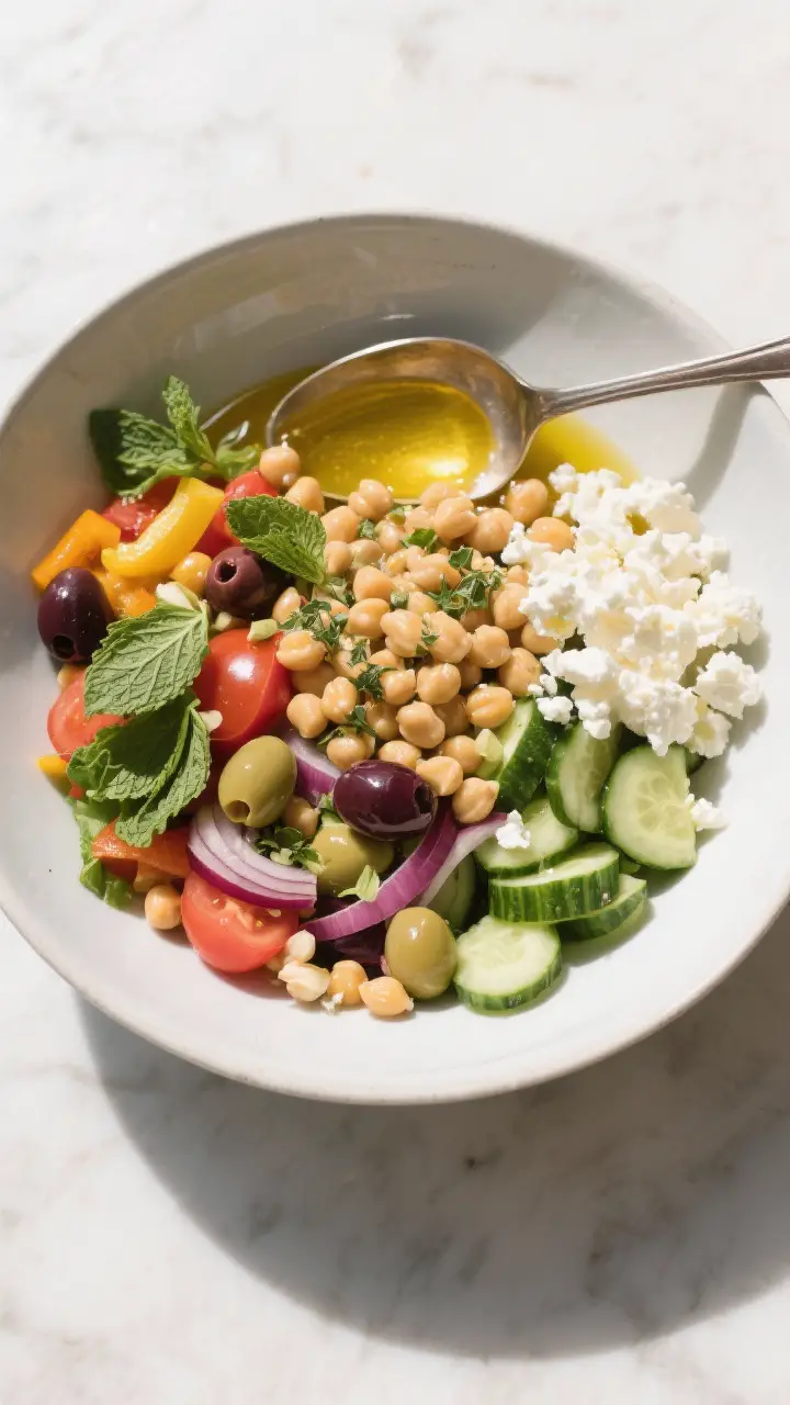 Cooking process: Overhead shot of the salad just after dressing is poured and before final toss—ch