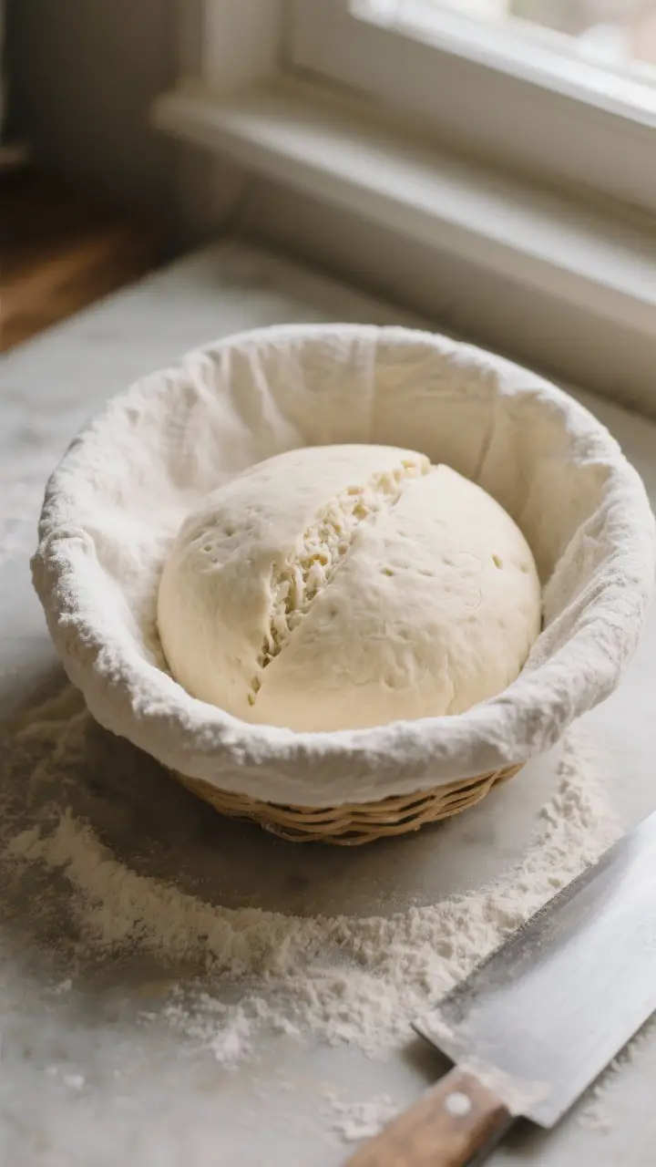 Cooking process: Overhead shot of the shaped boule right after final shaping, seam-side up in a rice