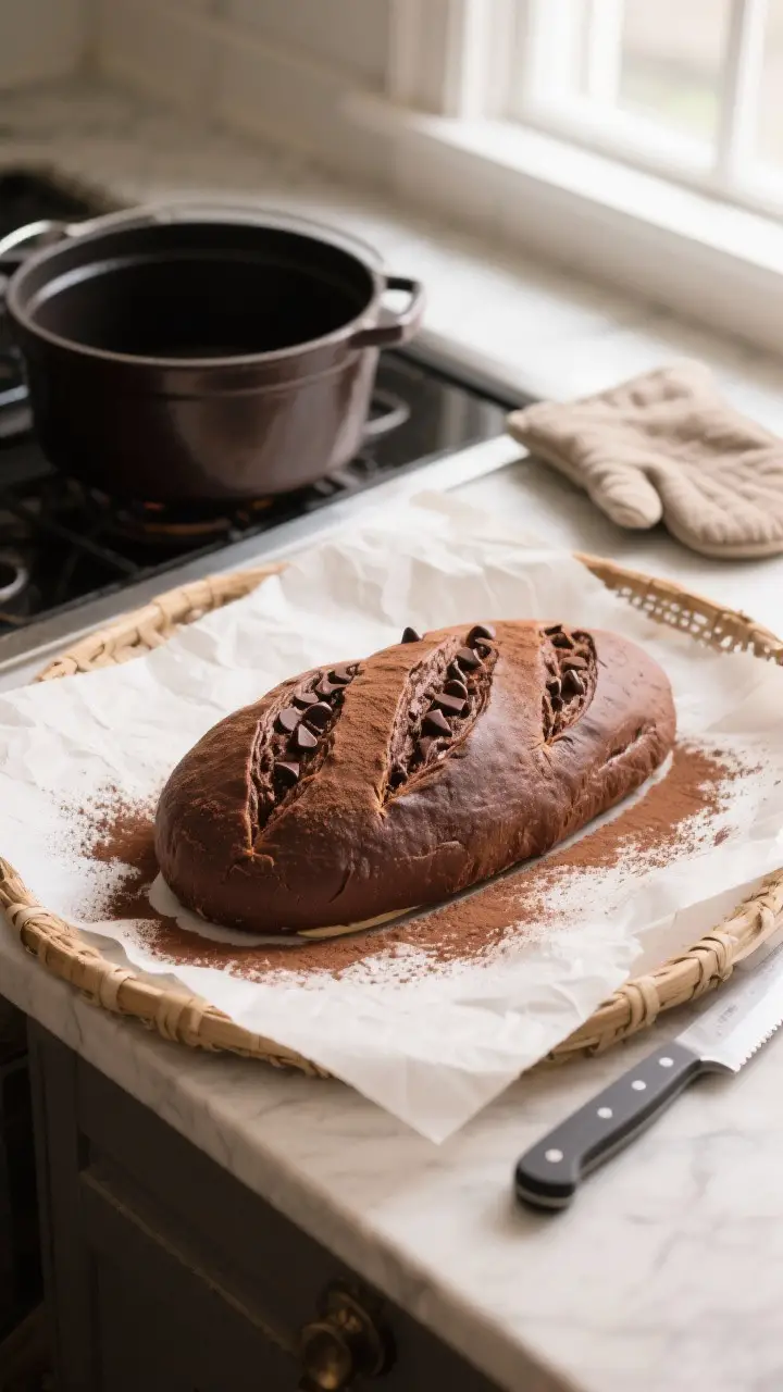 Cooking process: Overhead shot of the shaped chocolate sourdough batard on parchment just before bak