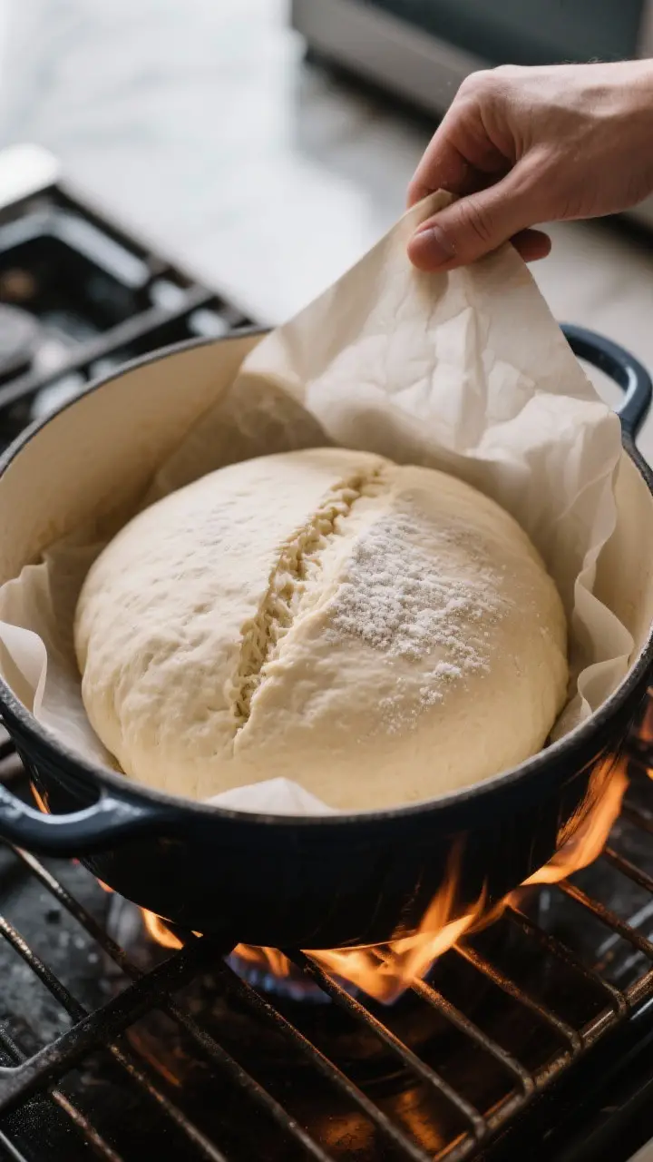 Cooking process: Overhead shot of the shaped dough after the second rise, gently puffed and seam-sid