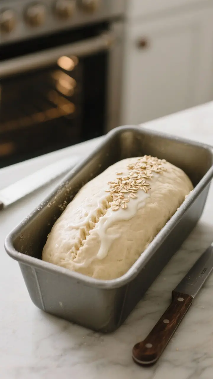 Cooking process: Overhead shot of the shaped farm loaf nestled in a greased 9x5-inch loaf pan after 