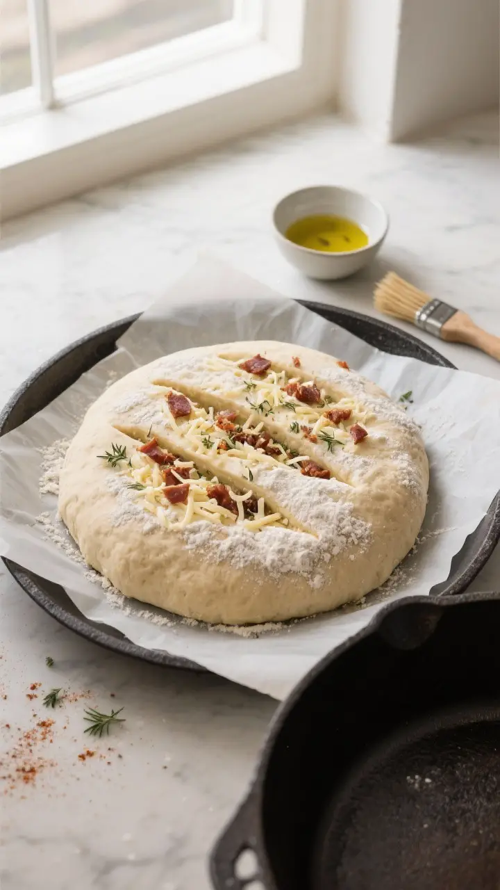 Cooking process: Overhead shot of the shaped, risen dough set on parchment just before going into th