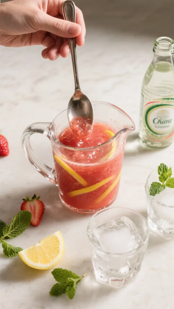Cooking process: Overhead shot of the strained strawberry-lemon base being stirred in a clear glass 