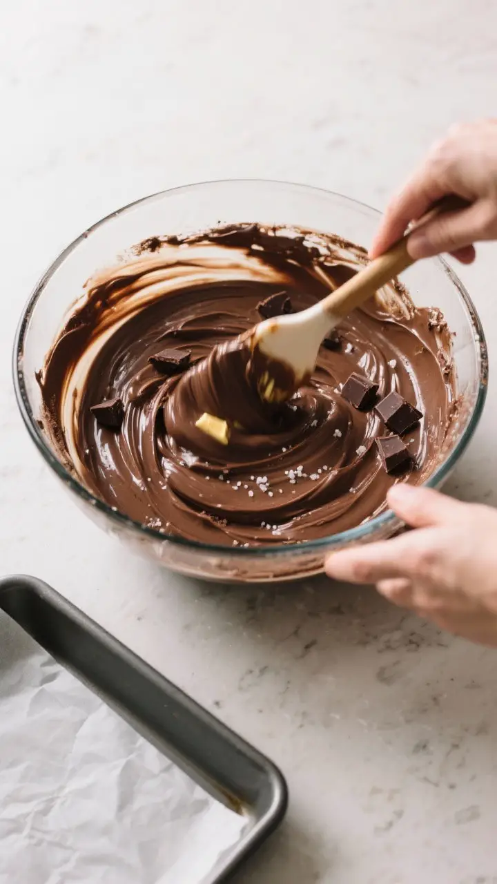 Cooking process: Overhead shot of the thick, ribbony brownie batter being folded with a spatula in a
