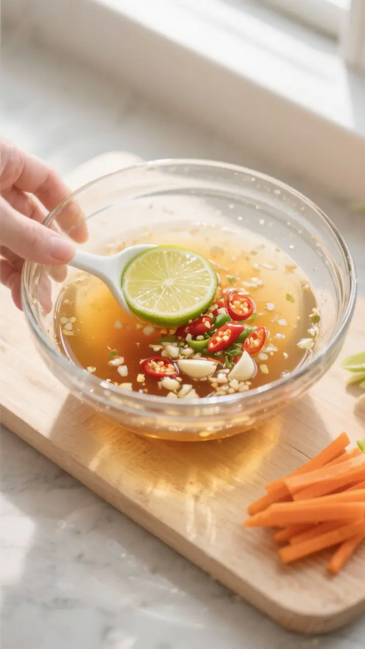 Cooking process: Overhead shot of the warm sugar-water base being mixed with fish sauce, then bright