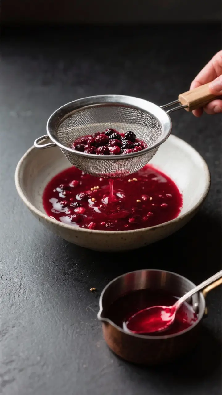 Cooking process: Overhead shot of warm berry coulis being strained through a fine mesh sieve into a