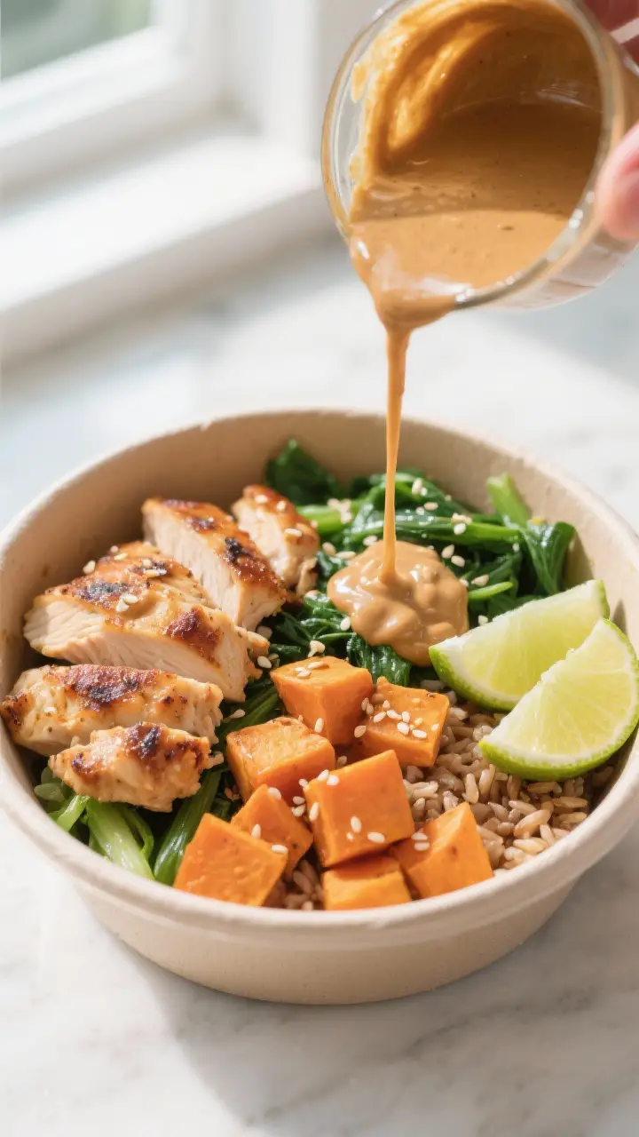 Cooking process: Overhead shot of warm, pourable peanut sauce being drizzled over a meal-prep bowl w