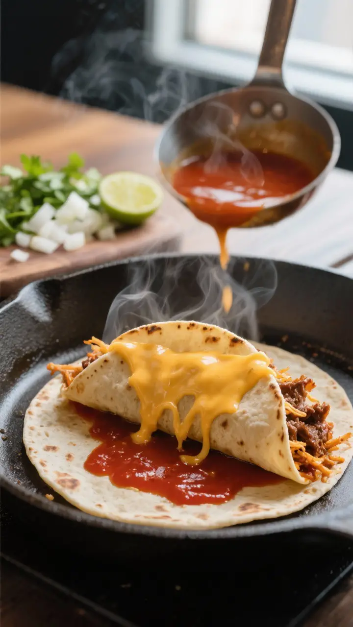 Cooking process: Quesabirria taco on a skillet mid-sizzle, tortilla lightly dipped in the red consom