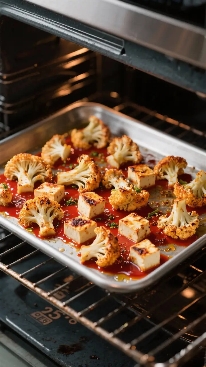 Cooking process: Rack-lined sheet pan in a 425°F oven with tandoori cauliflower florets and paneer