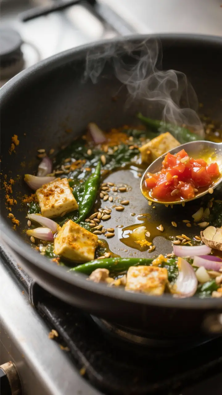 Cooking process — Saag Paneer base sizzling in a wide pan: close-up of cumin seeds blooming in ghe