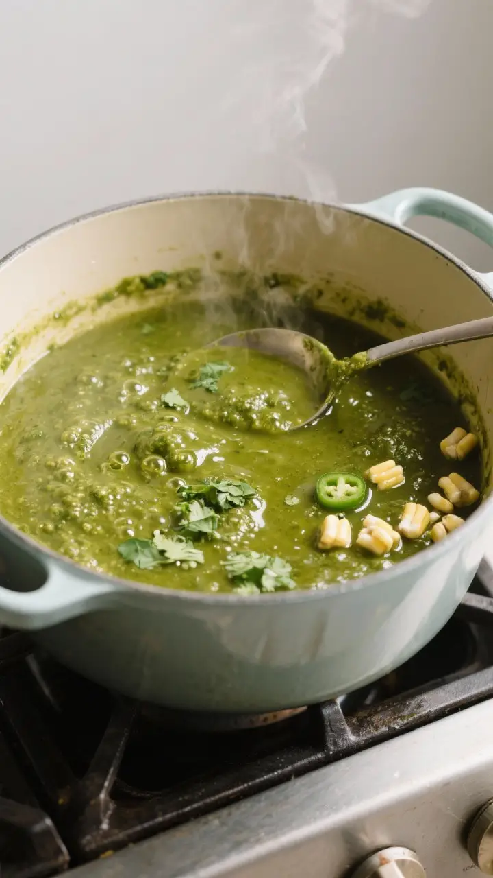 Cooking process — sautéing the green sauce: A deep enamel Dutch oven on the stovetop with the vib