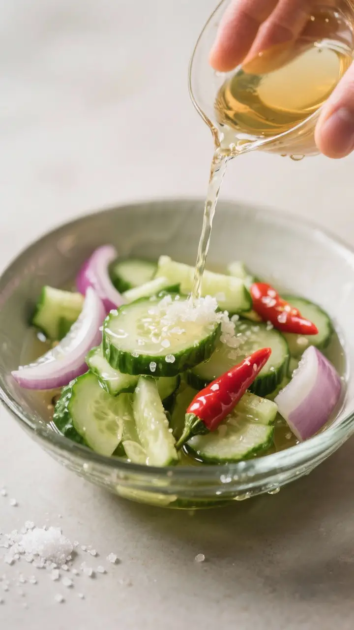Cooking process scene: the quick pickle base being poured over a bowl of prepped cucumber, onion, an