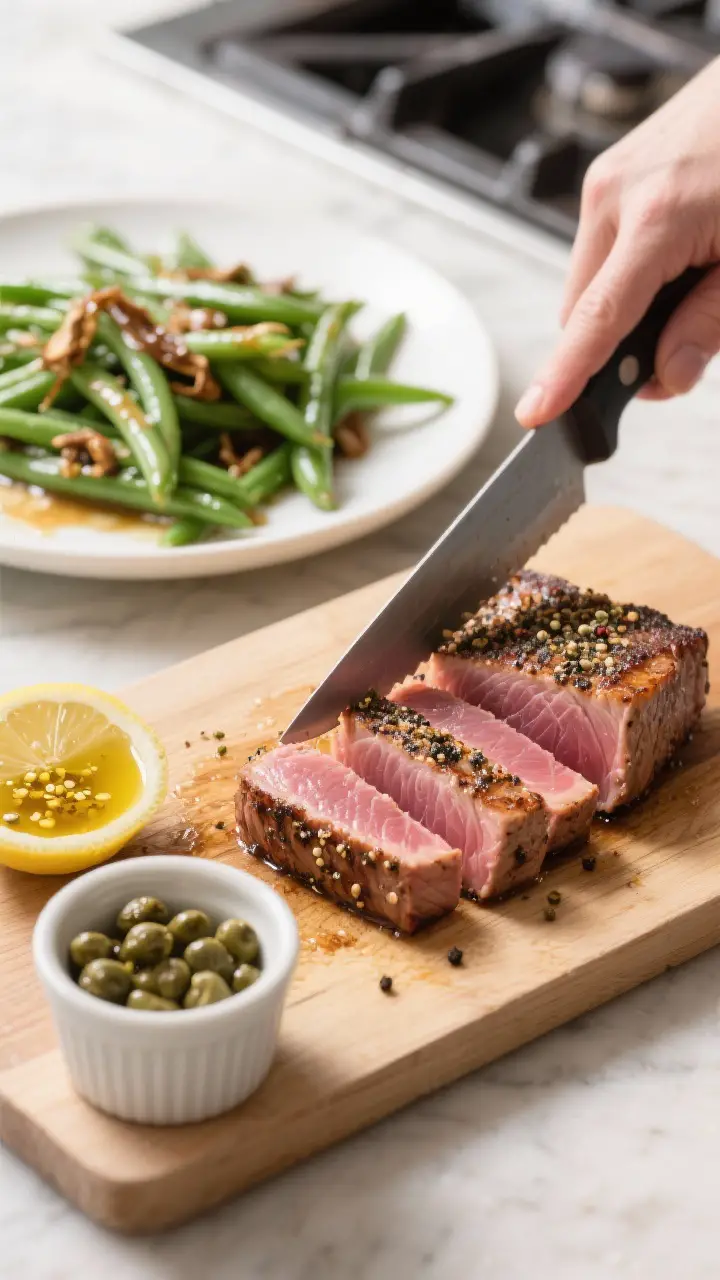 Cooking process: Seared fresh tuna steak being sliced on a board after a quick 1–2 minute-per-side