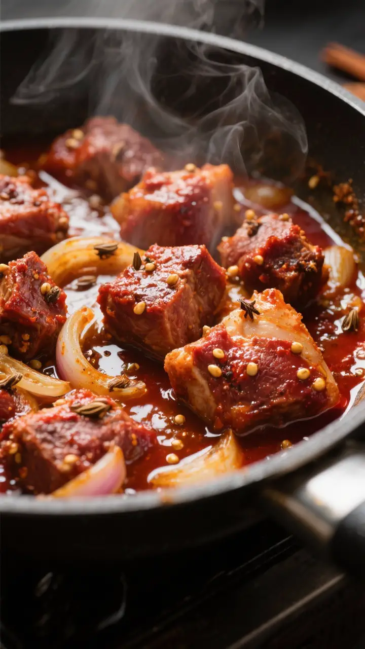 Cooking process — searing and simmering: Close-up of pork vindaloo mid-cook in a heavy pot, chunks