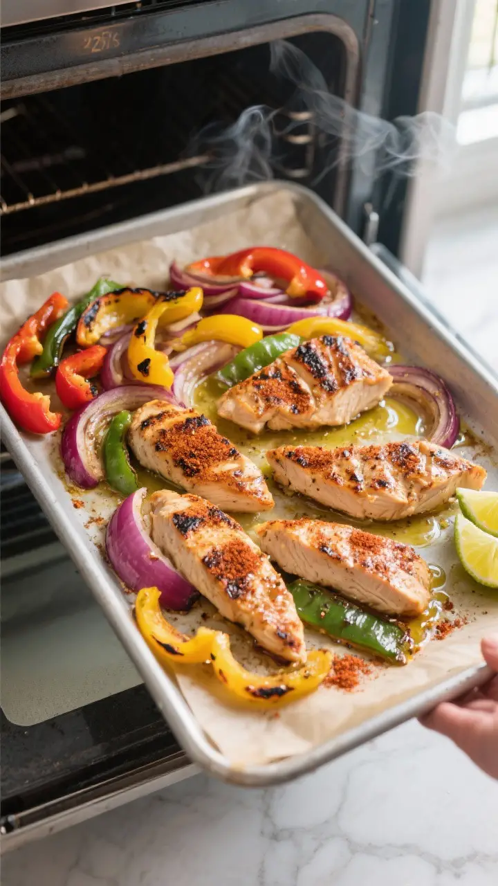 Cooking process, sheet pan in oven: Overhead shot of a single large sheet pan just pulled from a 425