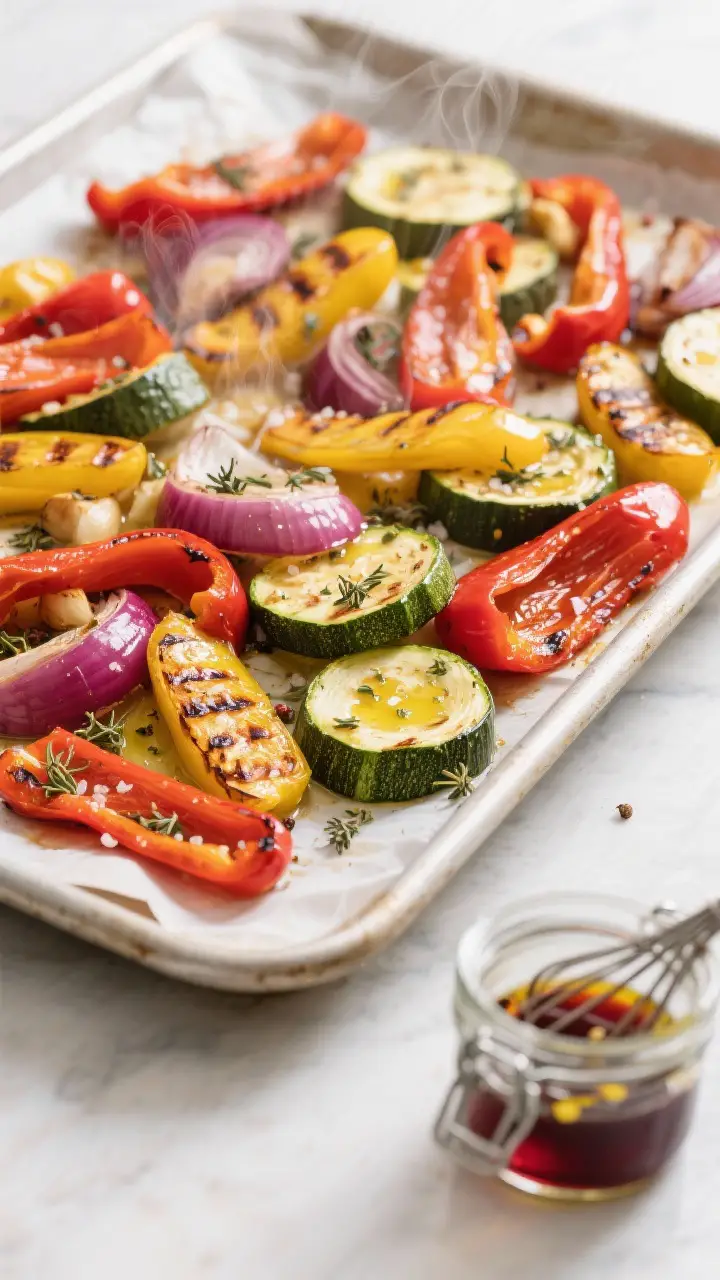Cooking process: Sheet pan of freshly roasted vegetables just out of a 425°F oven—soft, lightly c