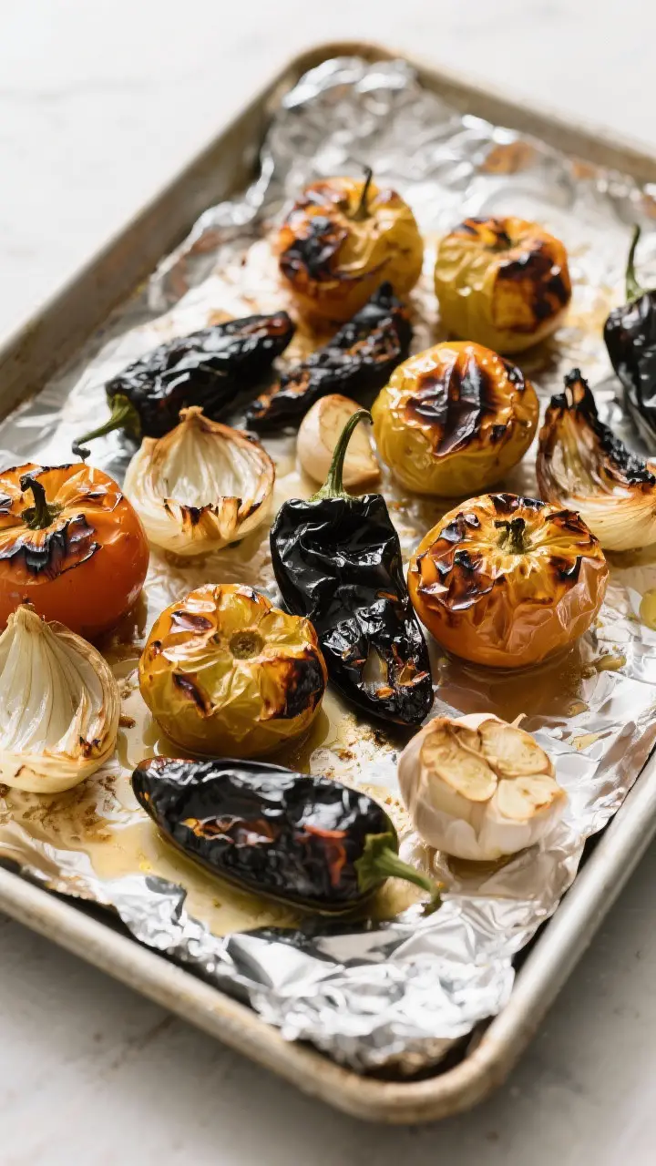 Cooking process: Sheet pan of fully roasted ingredients just out of the oven—collapsed, blistered