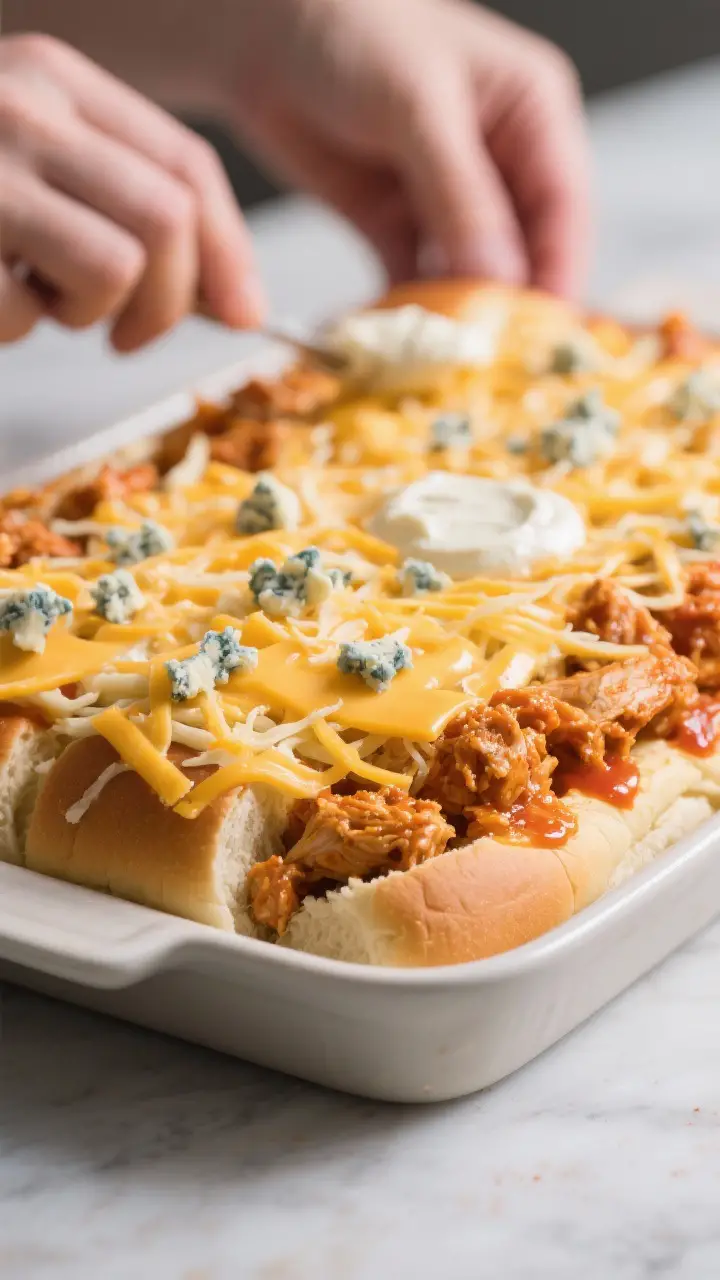Cooking process shot: Assembly stage in the baking dish with the bottom slab of Hawaiian rolls cover