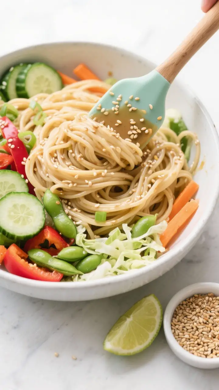 Cooking process shot: Chilled, well-drained pasta being combined in a large mixing bowl with the pre