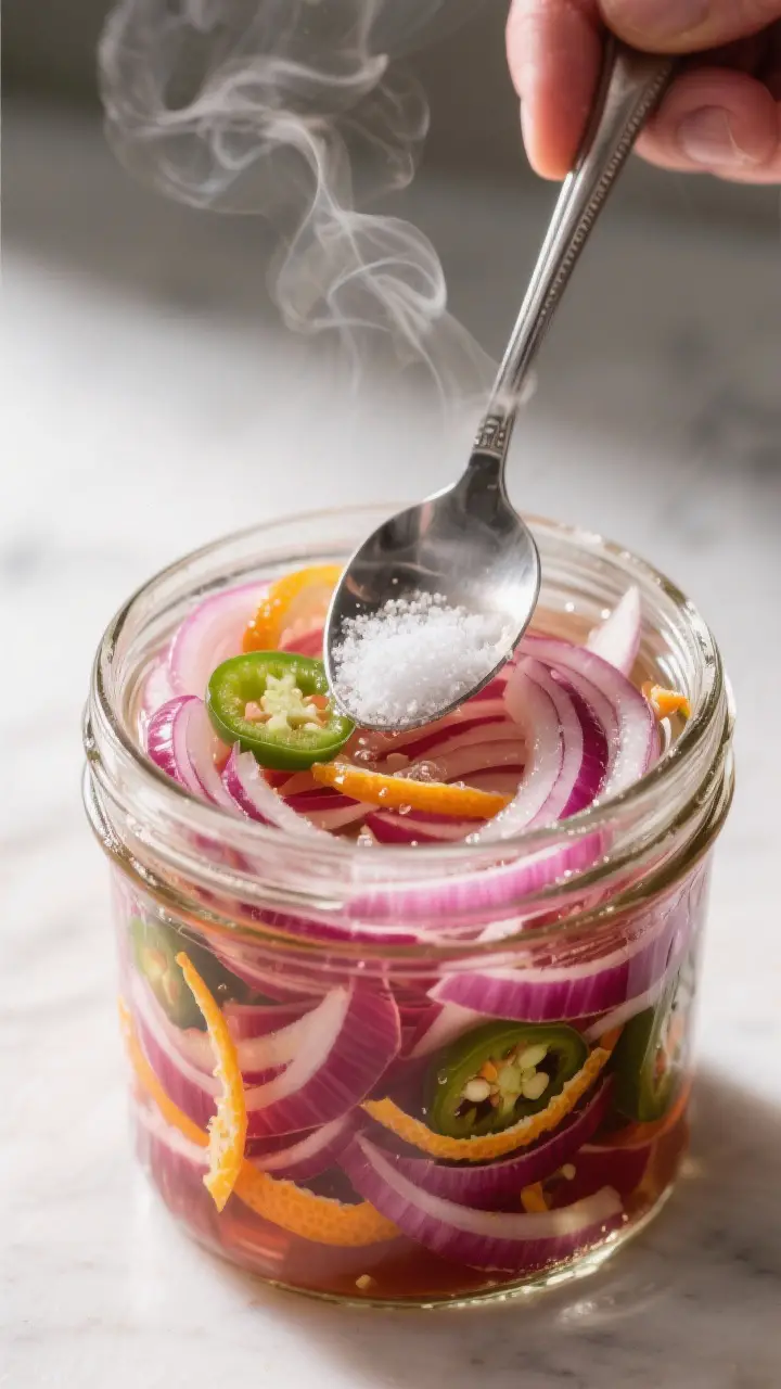 Cooking process shot of the hot quick-pickle moment: overhead shot of a clean glass jar packed with 