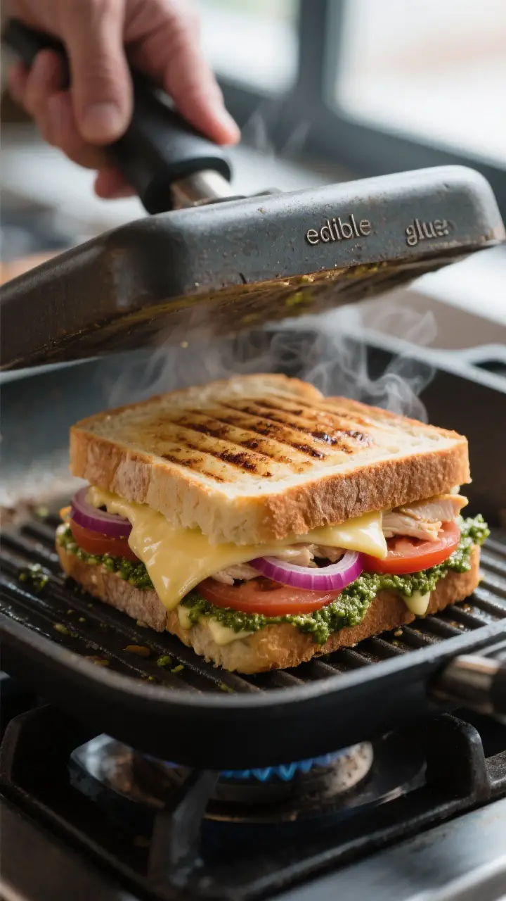 Cooking process shot of the panini mid-press in a grill pan: sandwich being weighted by a second hea