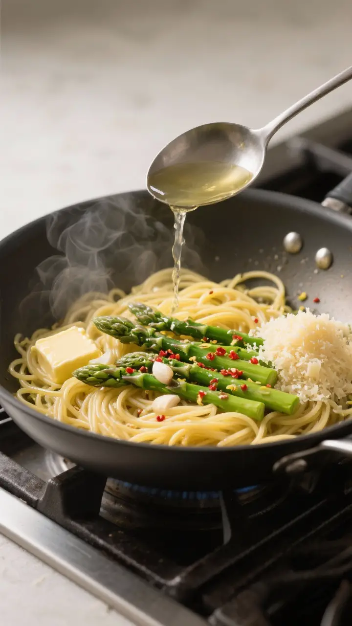 Cooking process shot: Overhead view of a large skillet on the stovetop with spaghetti and bright-gre