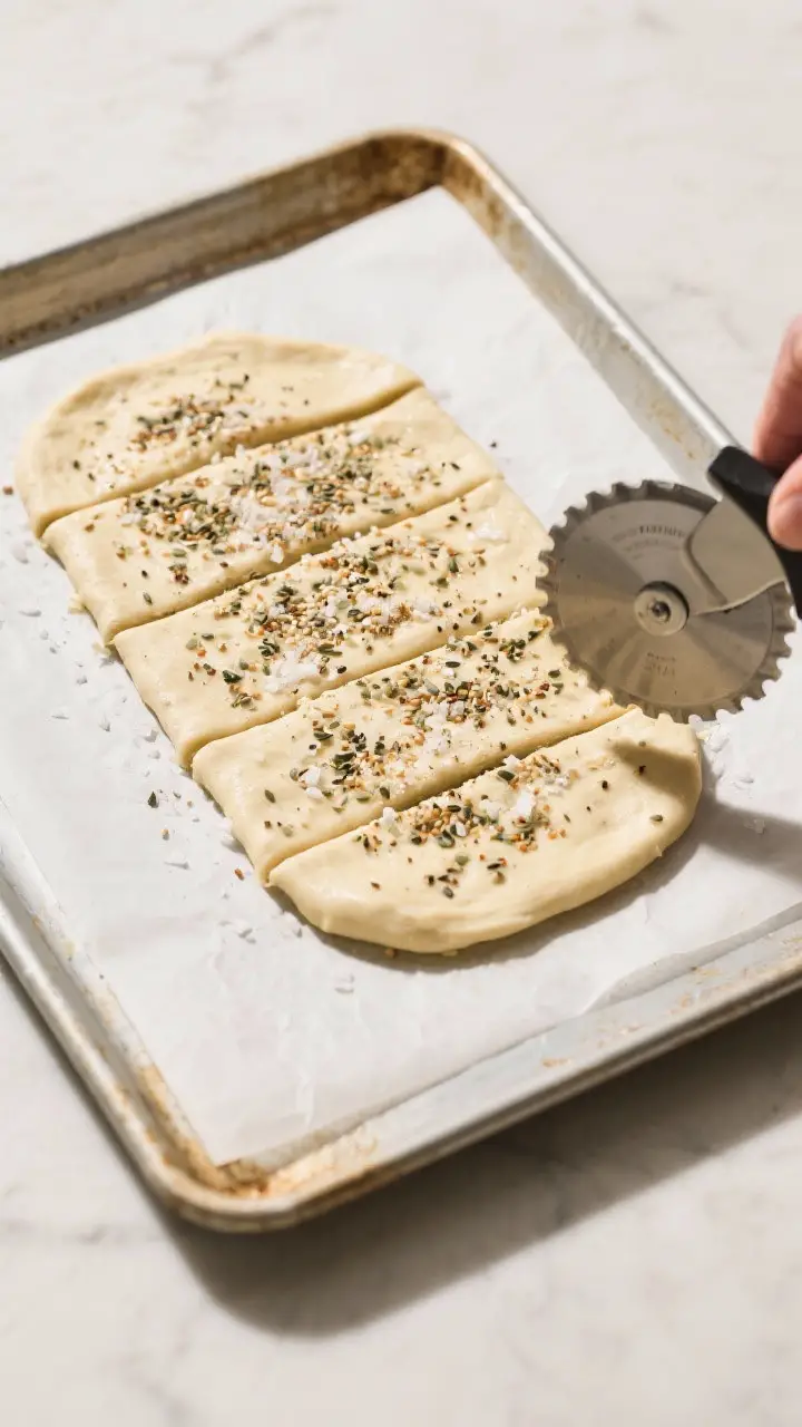 Cooking process shot: Overhead view of a parchment sandwich with the dough rolled ultra-thin to abou