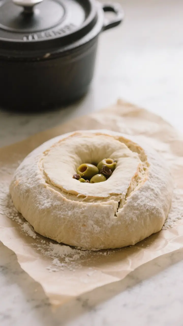 Cooking process shot: Overhead view of a shaped boule after overnight cold retard, just turned out o