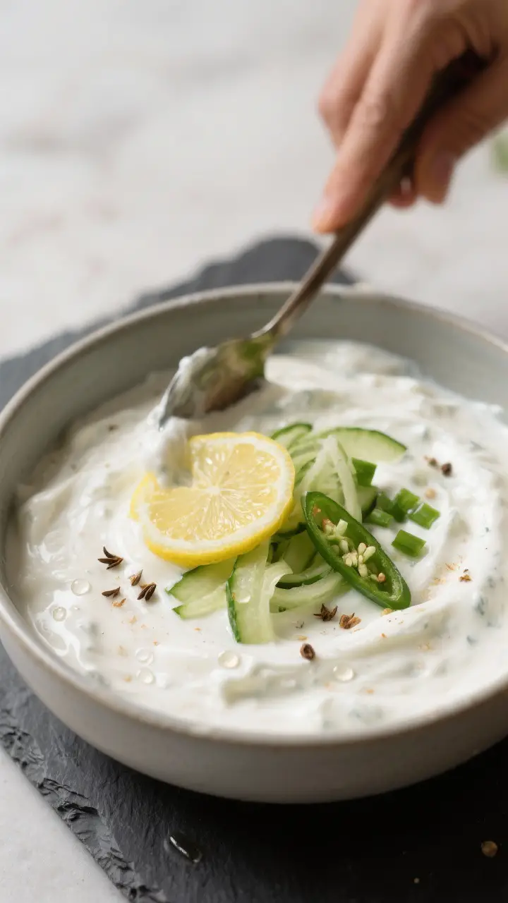 Cooking process shot: Overhead view of raita being finished in the bowl—smoothly whisked yogurt ba