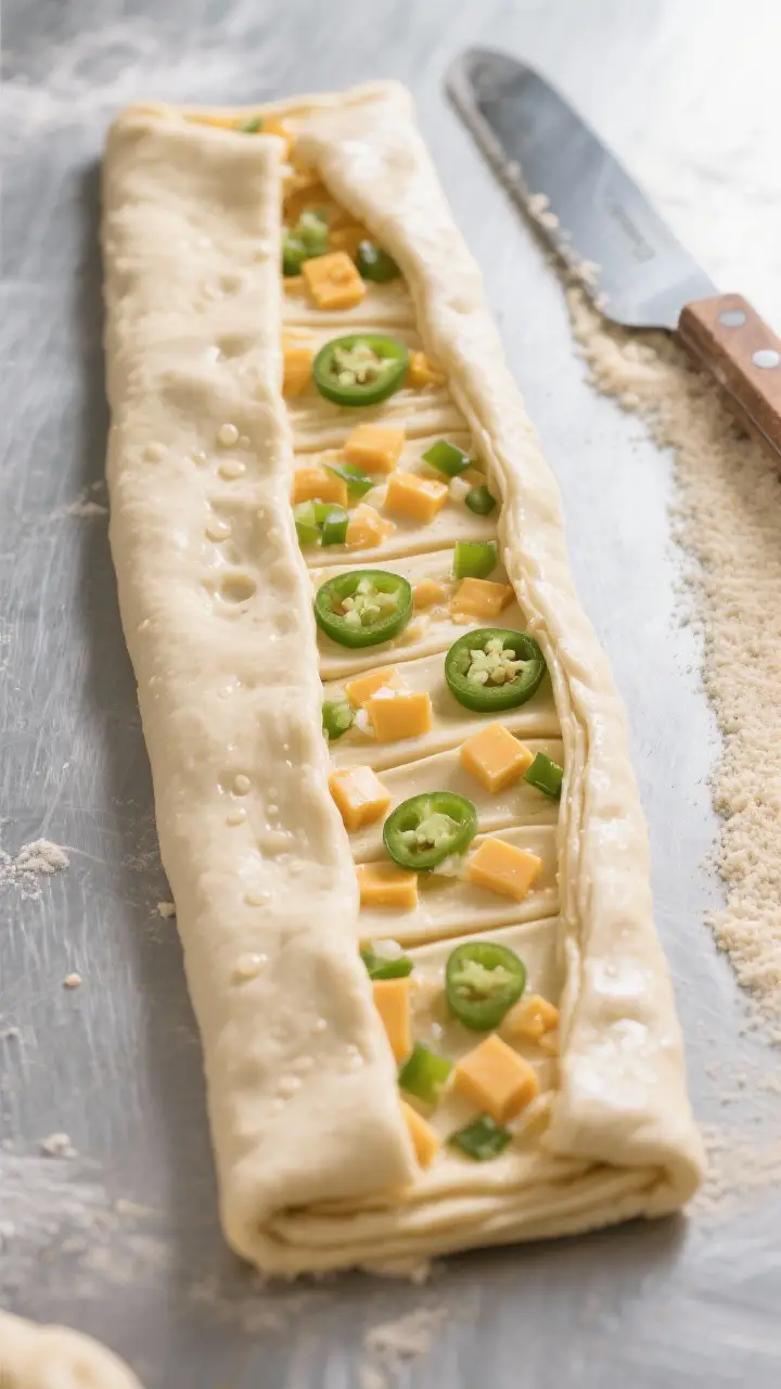 Cooking process shot: Overhead view of the laminated dough during bulk fermentation, mid-process, st